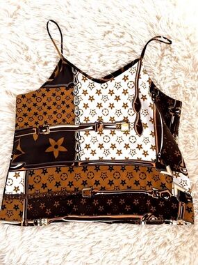 Brown & White Patterned Satin Cami with Adjustable Straps